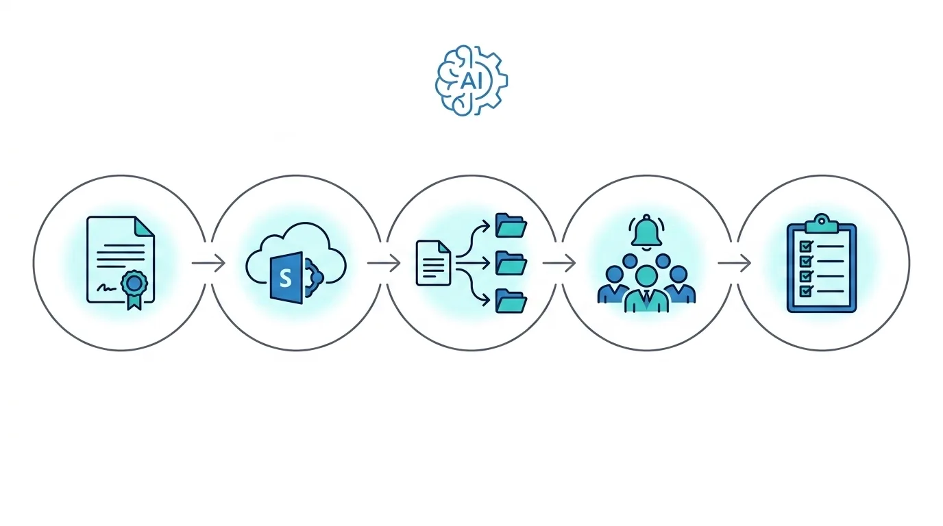 Architettura a tre livelli: repository documentale su SharePoint, webpart SPFx per la presa visione e report Power BI per il monitoraggio della compliance