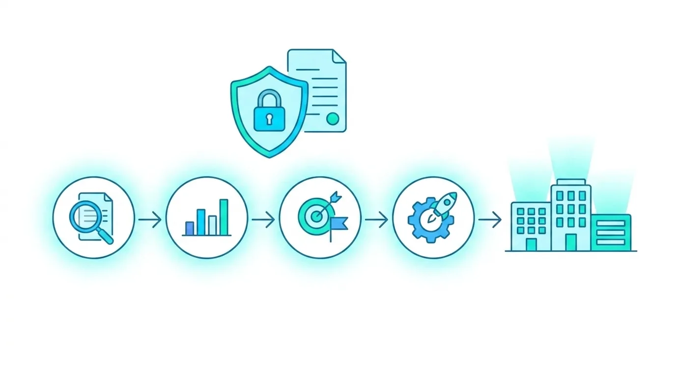 The four phases of the Microsoft Purview pilot: Assessment, Analysis, Strategy Definition and Deployment with a gradual department-by-department rollout