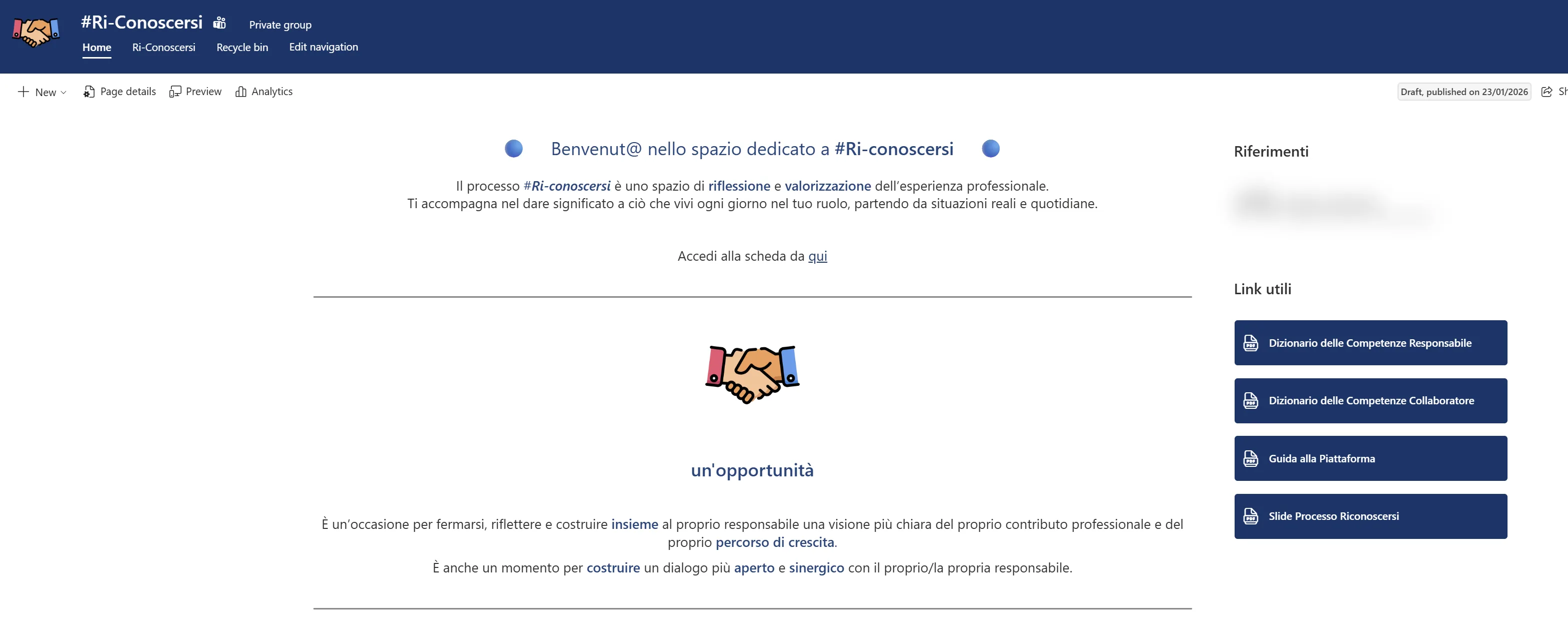 Home page dell'app Power Apps con l'introduzione al processo di valutazione e i link ai materiali di supporto
