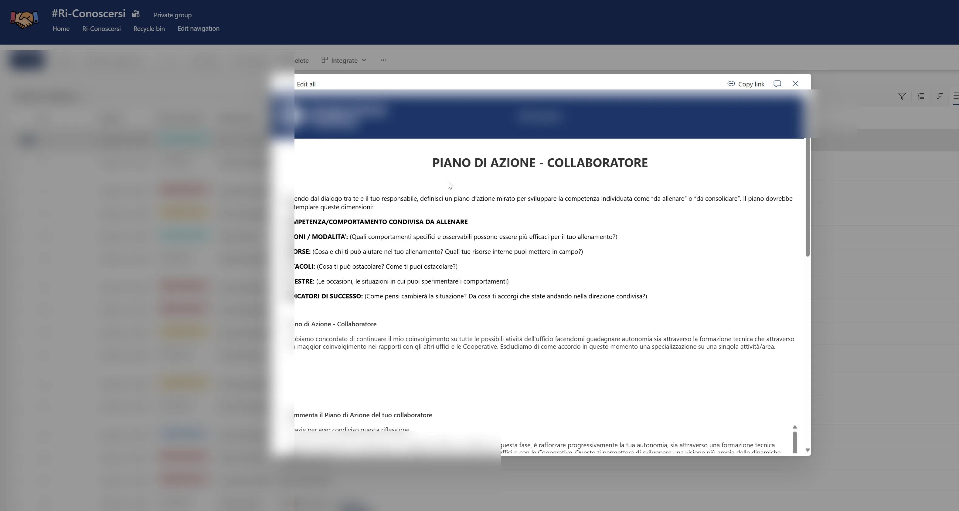 Piano di azione del collaboratore compilato nel processo di valutazione delle performance